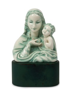 GOLDSCHEIDER Austrian porcelain statue of The Virgin Mother and Child, circa 1930s,  black factory mark "Goldscheider, Wien, Made in Austria", with artist's signature on reverse, accompanied by bespoke green leather plinth, 25cm high, 35cm overall