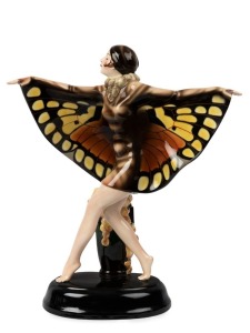 GOLDSCHEIDER Austrian Art Deco porcelain statue of the butterfly woman, signed "Lorenzl", black factory mark "Goldscheider, Wien, Made in Austria, Hand Decorated", 48cm high