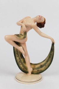 HERTWIG German Art Deco porcelain statue of a naked lady with green shawl, circa 1930s, green factory mark to base, 29cm high