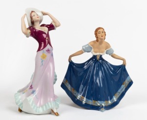 ROYAL DUX two Czechoslovakian porcelain statues of ladies in formal dress, pink triangle marks to bases, 18.5cm and 22.5cm high