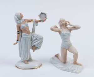 Two Continental Art Deco statues of a bathing woman and an exotic dancer with tambourine, 19cm and 22cm high