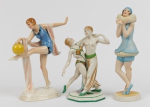 Group of three Continental Art Deco porcelain statues comprising a dancing couple, lady in a blue dress and a lady with a yellow ball, the largest 22cm high