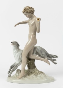 ROYAL DUX Czechoslovakian Art Deco porcelain statue of a woman and hound, pink triangle mark to base, 37cm high