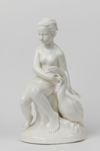 NORITAKE Japanese white porcelain statue of Leda and The Swan, black factory mark to base, 41cm high