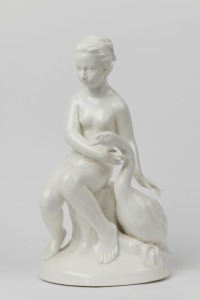 NORITAKE Japanese white porcelain statue of Leda and The Swan, black factory mark to base, 41cm high