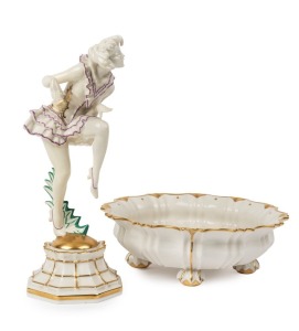 HUTSCHENREUTHER German porcelain float bowl with dancing figure flower aid, green factory marks to bases, 33cm high overall