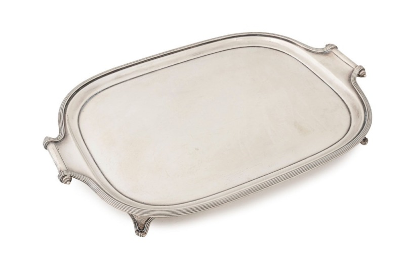 An English sterling silver serving tray, made in Sheffield, circa 1927, 45cm across the handles, 1600 grams