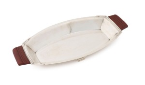 An English sterling silver Art Deco tray with bakelite handles, stamped "W. D. & S.", Sheffield, circa 1935, 34.5cm across the handles, 612 grams total