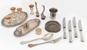 Assorted Continental silver items including trays, schnapps cups, beaker, cutlery, pill boxes, condiments etc., 20th century, (18 items), 790 grams silver weight not including knives