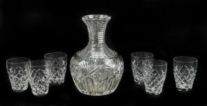 A Bohemian crystal carafe and six crystal whiskey tumblers, 20th century, (7 items), the carafe 20.5cm high