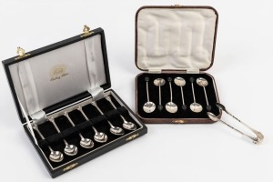 A boxed set of six English sterling silver coffee bean spoons together with a boxed set of six Australian silver teaspoons and a pair of sterling silver sugar tongs