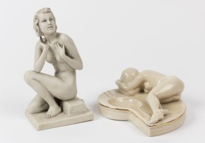 A German bisque porcelain statue of a kneeling female nude, together with a Latvian figural porcelain dish, the larger 20cm high