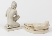 A German bisque porcelain statue of a kneeling female nude, together with a Latvian figural porcelain dish, the larger 20cm high - 2