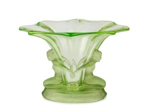 A German Art Deco figural green glass vase, circa 1930, 20cm high, 26cm wide