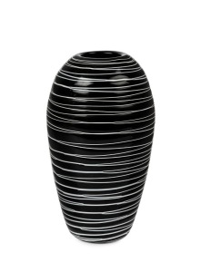 A Murano black glass vase with white trailing decoration, 27.5cm high