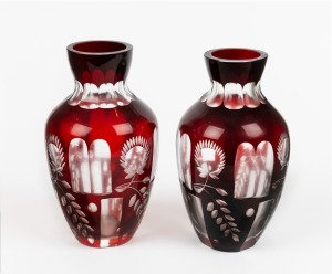 A pair of Bohemian ruby overlay glass vases, 20th century, 19cm high