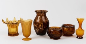 Six assorted tartaruga and amber glass vases (three with flower aids), circa 1930s, the largest 20cm high