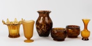 Six assorted tartaruga&nbsp;and amber glass vases (three with flower aids), circa 1930s, the largest 20cm high