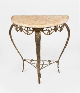 An Italian brass and marble demi lune side table, mid 20th century, 65cm high, 58cm wide, 33cm deep