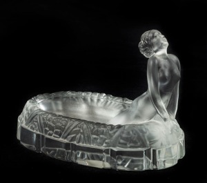 An Art Deco Bohemian frosted glass figural dish, circa 1930, 9cm high, 13.5cm wide