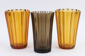 Three amber and grey Art Deco glass vases, the largest 25cm high