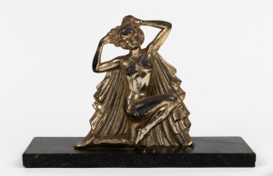 An Art Deco cast metal statue of a kneeling woman with silvered finish on marble base, signed "Molin", circa 1935, 20cm high, 30cm wide