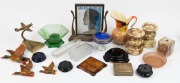 REMAINS OF COLLECTION assorted Art Deco glass stands, aeroplane ashtray, three porcelain flying ducks, glass bowls, dishes, picture frame, porcelain jug and onyx stand, (20 items), the picture frame 29cm high