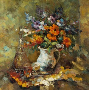 ARTIST UNKNOWN, (floral still life), oil on canvas, signed lower right (illegible), 100 x 100cm