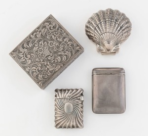 An antique sterling silver match vesta, a 925 silver shell-shaped box, an engraved silver compact, and an unusual 925 silver watch case, 19th and 20th century, (4 items), the largest 6cm wide, 310 grams total (including compact mirror)