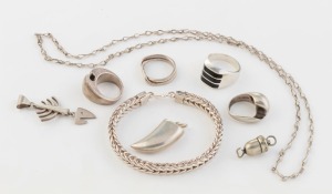 SILVER JEWELLERY comprising four assorted modernist rings, and bracelet, necklace, acorn charm and two pendants, 20th century, (9 items), ​​​​​​​the necklace 60cm long, 90+ grams