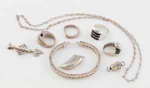 SILVER JEWELLERY comprising four assorted modernist rings, and bracelet, necklace, acorn charm and two pendants, 20th century, (9 items), the necklace 60cm long, 90+ grams