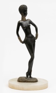 A cast bronze statue of an African woman, mounted on a stone base, mid 20th century, 33cm high overall