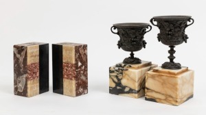 A pair of marble bookends, together with a pair of urns and marble bases A/F, the bookends 15cm high