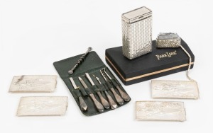 Park Lane boxed smoking set, bracelet, silver handled sewing implements, four silver finished buckles and an ivoreen jewellery box,