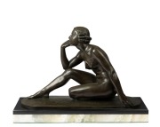 LUCIEN ALLIOT (France, 1877-1967), cast bronze statue of a female nude on marble base, circa 1930, 45cm high, 63cm wide, 22cm deep