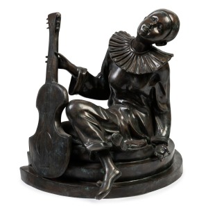 An impressive vintage cast bronze figure of a female pierrot crossed legged holding her mandolin, 20th century, indistinctly signed to the plinth, 70cm high, 72cm wide, 44cm deep