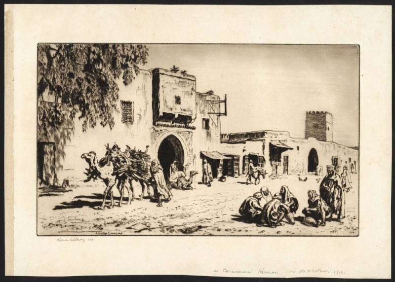 LIONEL ARTHUR LINDSAY (1874 - 1961) A Caravanseai Kerouan, drypoint etching, 1929, signed lower left and titled lower right, 16.5 x 27cm image size.