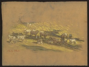 CHARLES ARTHUR WHEELER (1880 - 1977), Untitled (shepherd and flock), pastels on paper, circa 1930s, signed lower left with studio signature stamp, 27 x 36cm.