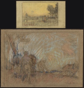 CHARLES ARTHUR WHEELER (1880 - 1977), Untitled (farming scene), pastels on paper, circa 1930s, signed lower right with studio signature stamp, 26 x 37.5cm. Together with a small associated image. (2 items).