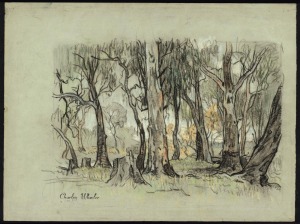 CHARLES ARTHUR WHEELER (1880 - 1977), Untitled (forest scene), pastels on paper, circa 1930s, signed lower left with studio signature stamp, 29 x 39cm.