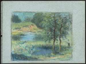 CHARLES ARTHUR WHEELER (1880 - 1977), Untitled (Fishing scene), pastels on paper, circa 1930s, signed lower left with studio signature stamp, 22 x 30cm.