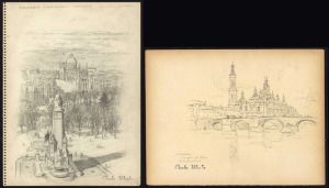 CHARLES ARTHUR WHEELER (1880 - 1977), Cathedral, Virgen del Pilar, Saragossa and  Columbus Memorial, Madrid from my bedroom, pencil on paper, circa 1930s, signed lower left or right with studio signature stamps, 23 x 31cm and 32 x 23cm. (2 items).