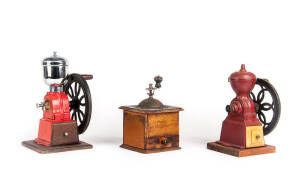 Group of 3 assorted hand cranked domestic coffee mills, 20th century. Height 22cm to 30cm