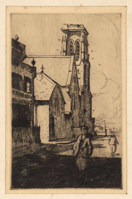 JOHN ALEXANDER THOMAS SHIRLOW (1869 - 1936), Old Congregational Church (now demolished) on Eastern Hill, etching, titled on mount, 18.5 x 11.5cm (image).