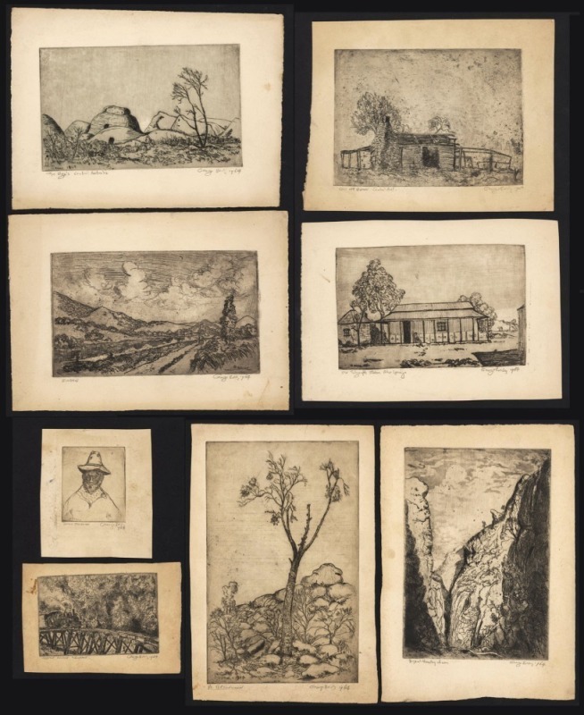 GEORGE EDDY (b.1917) A group of eight etchings with titles including "Trestle Bridge Belgrave, 1964", "Eildon 1964", "The Olgas Central Australia, 1964", "Native Stockman 1964", etc., various sizes, the largest 23 x 14.5cm., ​​​​​​​all signed, dated and t