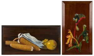 Two Australian hand-painted timber panels, one jarrah with kangaroo paw decoration, the other with corn and quinces, 19th century,  ​​​​​​​the larger 30 x 61cm 
