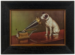 HIS MASTER'S VOICE "Victor" vintage chromolithograph advertisement, early to mid 20th century,  housed in original ebonized oak frame with gilt slip and glazing, 45cm x 60cm overall