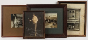 Group of four assorted albumen black and white photographs, all framed and mounted, comprising interior scene, garden scene, shop front and endorsed photograph of Ralph Errolle, 20th century,the largest sheet size 17 x 12cm