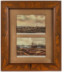 City of Sydney and Sydney Cove diptych chromolithograph prints in an attractive frame with floral and butterfly decoration, early to mid 20th century, 49 x 42cm overall