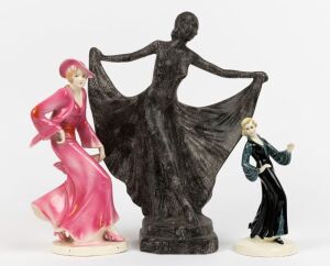 Three assorted statues of Art Deco women, painted terracotta and porcelain, 20th century, the largest 37cm high